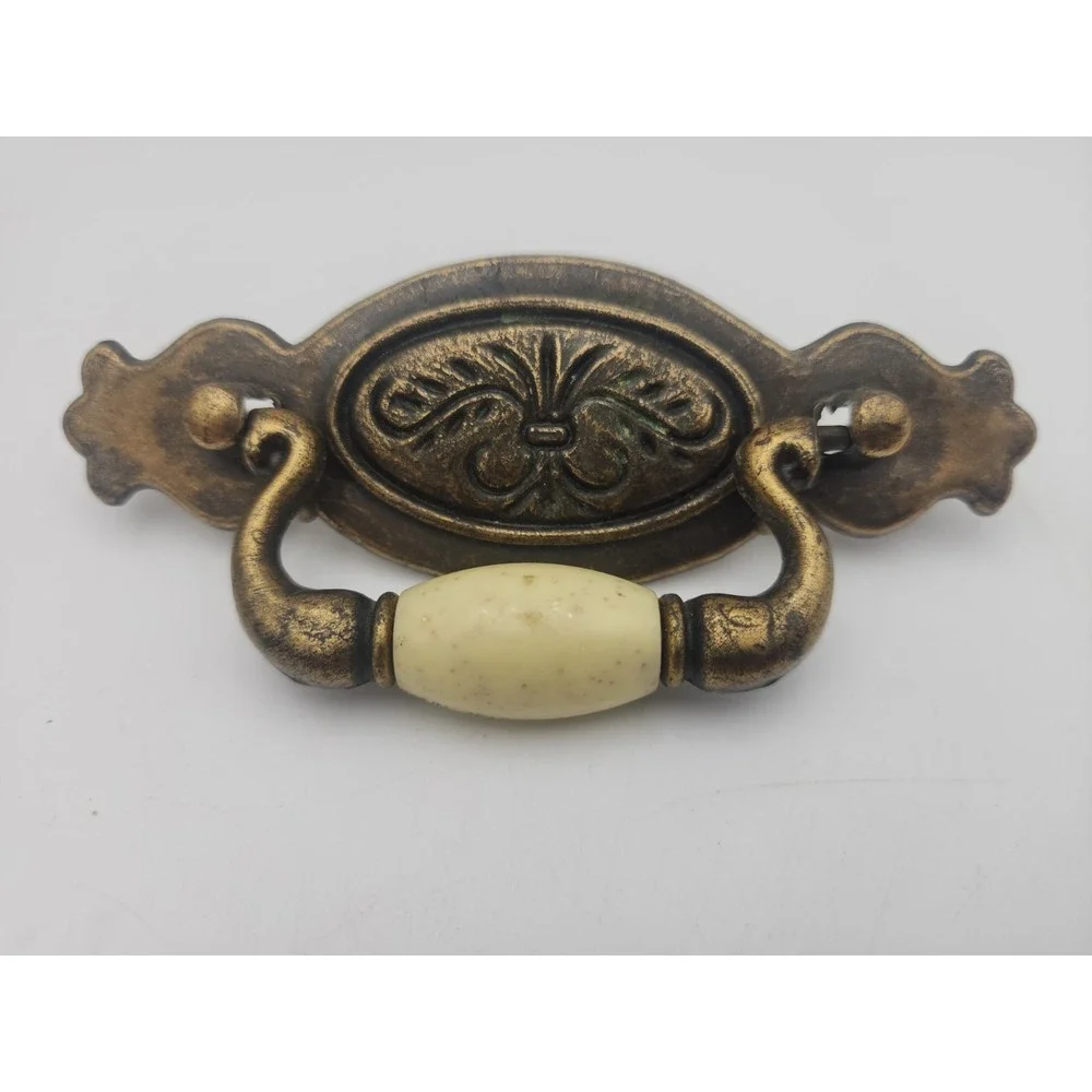 VTG Brass Drop Bail Drawer Pull Handle Hardware With 4 Knobs Wheat Ceramic